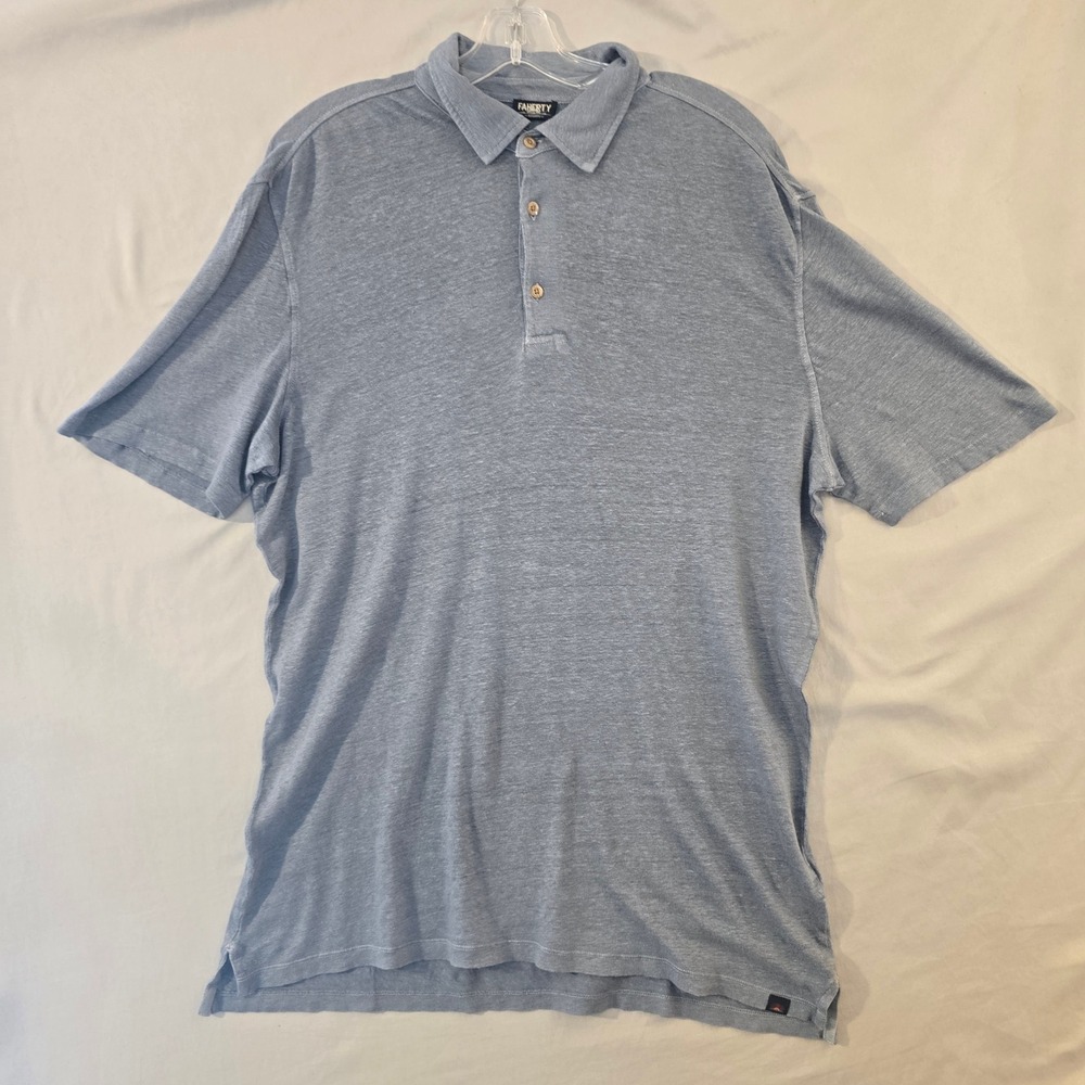 Faherty Reserve Polo Shirt Large Mens Blue 100% Linen Short Sleeve Heathered
